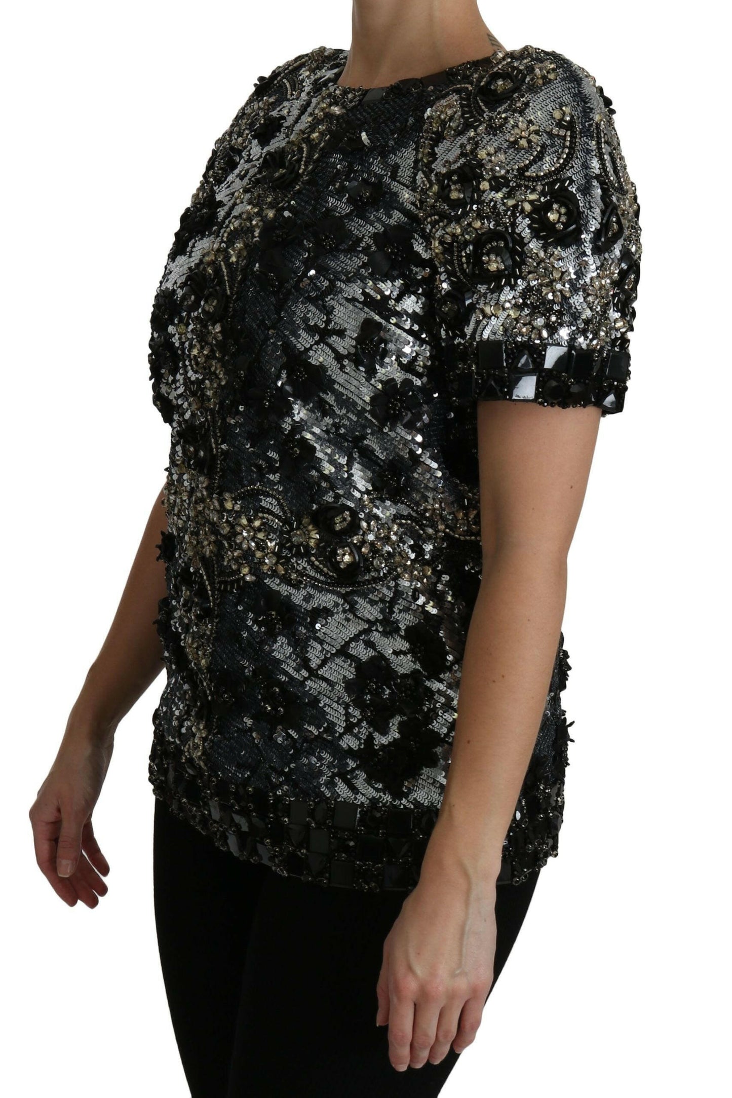 Dolce & Gabbana Sequined Crystal Embellished Crew Neck Top