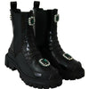 Dolce & Gabbana Elegant Black Leather Combat Boots with Crystal Detail