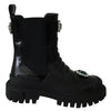 Dolce & Gabbana Elegant Black Leather Combat Boots with Crystal Detail