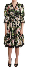 Dolce & Gabbana Elegant Lily Print Midi Dress with Lace Trim