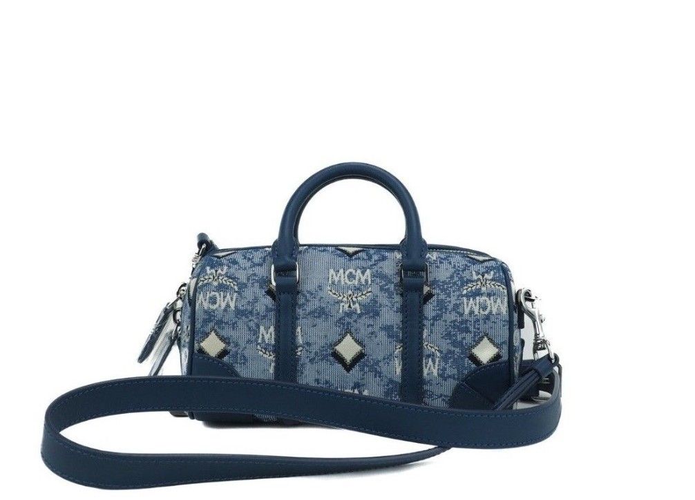 Boston Mini Blue Vintage Jacquard Logo Fabric Satchel Crossbody Handbag