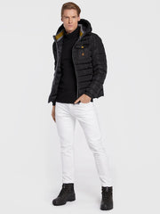 Elegant Black Hooded Down Jacket with Chic Olive Accent