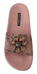 Dolce & Gabbana Floral Lace Crystal Embellished Slide Flats