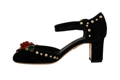 Dolce & Gabbana Black Crystal Rose Heel Sandals