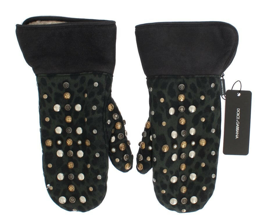 Dolce & Gabbana Elegant Studded Gray Wool Shearling Gloves