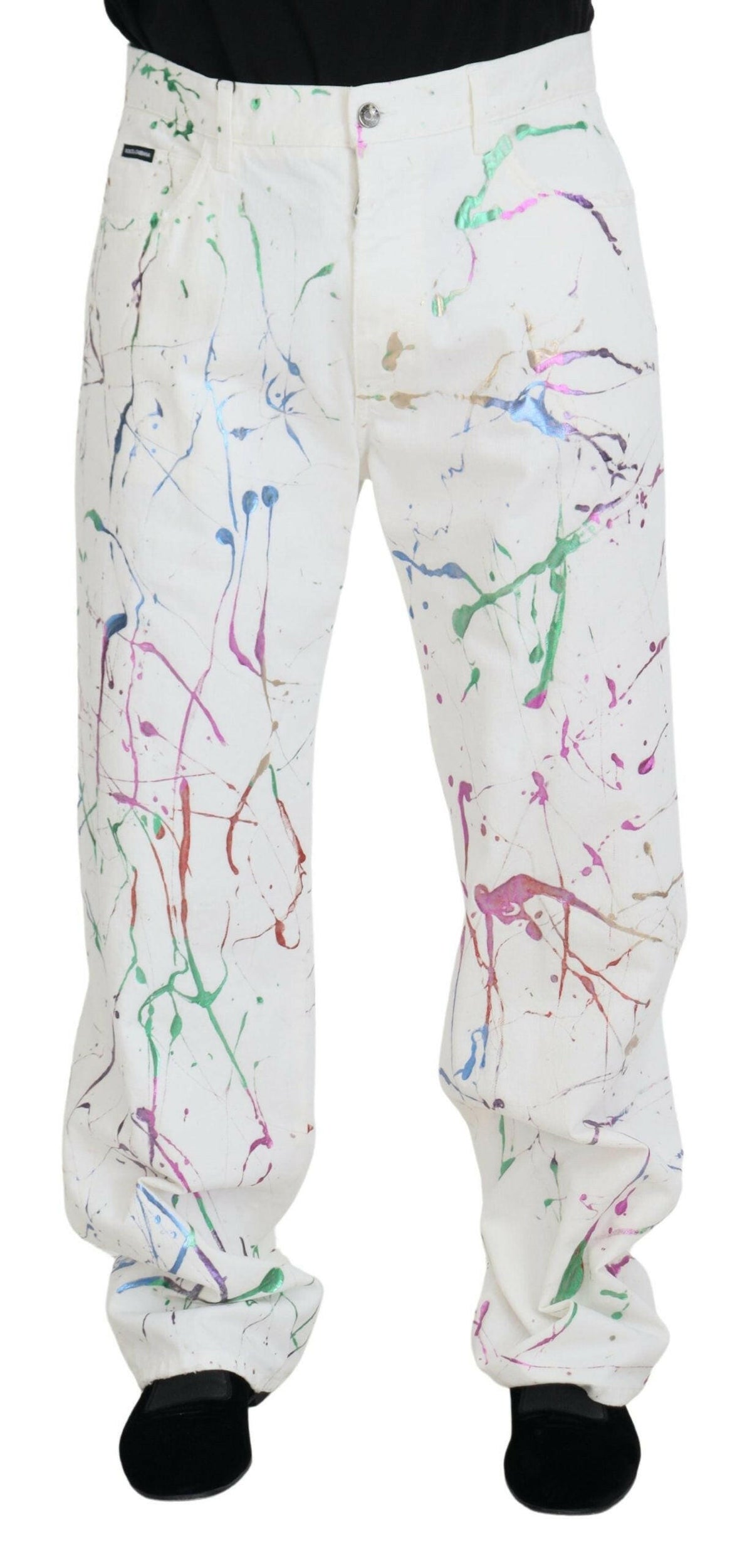 Dolce & Gabbana Chic White Splash Print Denim Pants