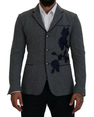 Elegant Gray Wool Blazer with Blue Rose Embroidery