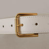 Dolce & Gabbana Chic White Leather Belt with Gold Engraved Buckle