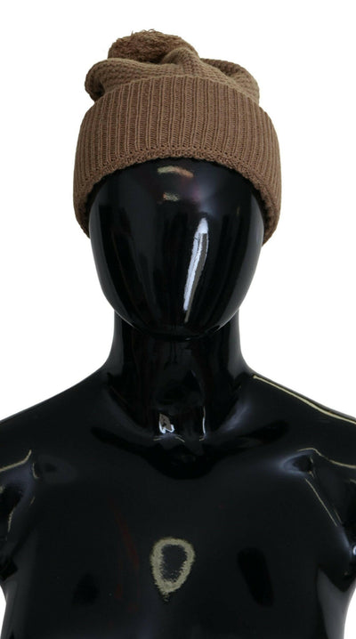 Dolce & Gabbana Elegant Camel Knit Beanie with Fur Accent