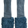 Dolce & Gabbana Elegant Blue Leather Gloves with Fur Trim