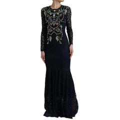 Dolce & Gabbana Crystal Embellished Navy Blue Flare Dress