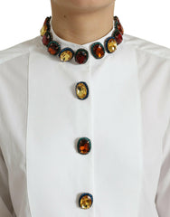 Elegant Crystal-Embellished White Cotton Top