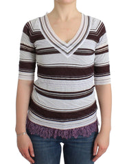 Ermanno Scervino Striped V-Neck Knit Top with Lace Hem