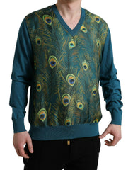 Silk V-Neck Peacock Feather Sweater