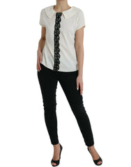 Elegant Off-White Lace-Trim Silk Blouse