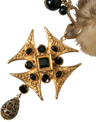 Gold Black Crystals Lapin Fur Filigree Chocker Necklace