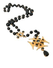 Gold Tone Brass Cross Black Beaded Chain Rosary Necklace