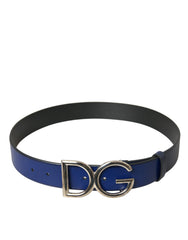 Blue Leather Silver Metal Logo Buckle Belt Men