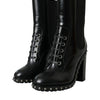 Dolce & Gabbana Black Leather Studded Lace Up Boots Shoes