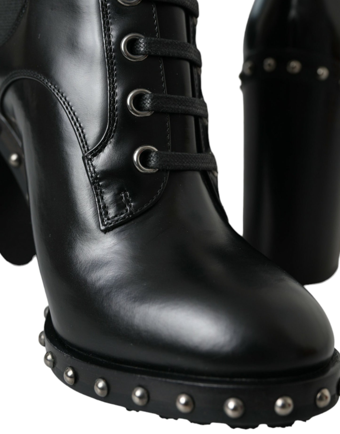 Dolce & Gabbana Black Leather Studded Lace Up Boots Shoes