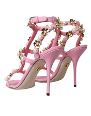 Pink Leather Embellished Heels Sandals Shoes