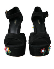 Black Floral Ankle Strap Heels Sandals Shoes