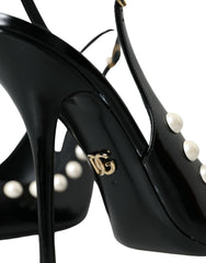 Black Leather Faux Pearl Heel Slingback Shoes