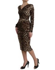 Dolce & Gabbana Brown Leopard Print Bodycon V-neck Midi Dress