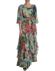 Dolce & Gabbana Blue Floral Print Tiered Long Maxi Dress