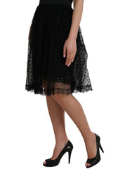 Black Nylon Lace Trim High Waist A-line Skirt