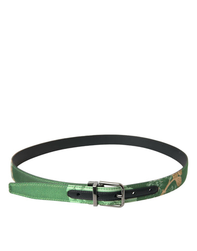 Dolce & Gabbana Green Leather Jacquard Silver Metal Buckle Belt