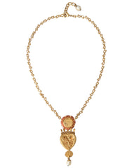 Gold BrassChain Sacred Heart Rose Crystal Charm Necklace