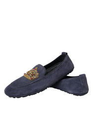 Blue Leather Suede Crystal Crown Loafers Shoes