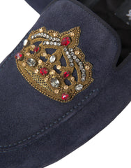 Blue Leather Suede Crystal Crown Loafers Shoes