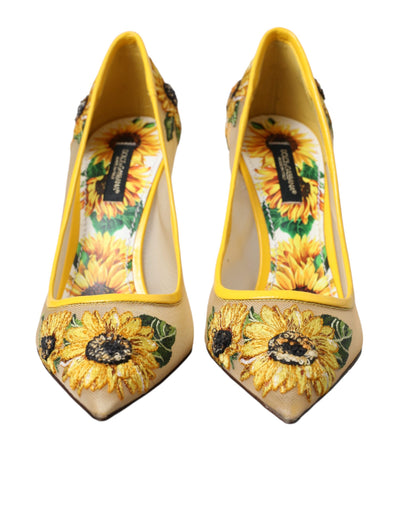 Dolce & Gabbana Yellow Sunflower Mesh Heels Pumps Shoes