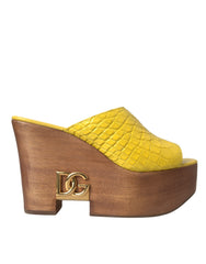 Dolce & Gabbana Yellow Leather Wood Mule Wedge Slides Shoes