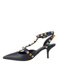 Black Leather Embellished Heels Sandal Shoes