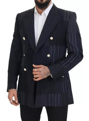 Blue Wool Patchwork Double Breasted Blazer