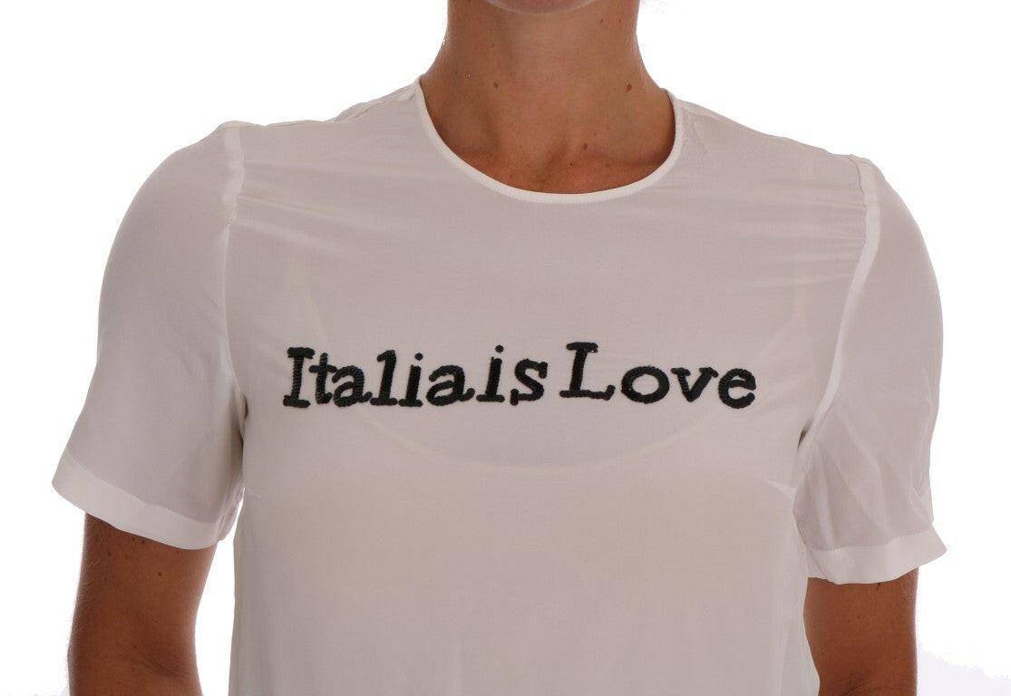 Dolce & Gabbana Silk Sequined 'Italia Is Love' White Blouse