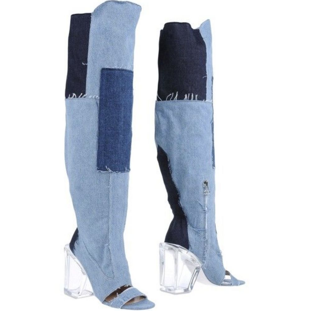 Chic Vintage Denim & Transparent Heel Boots