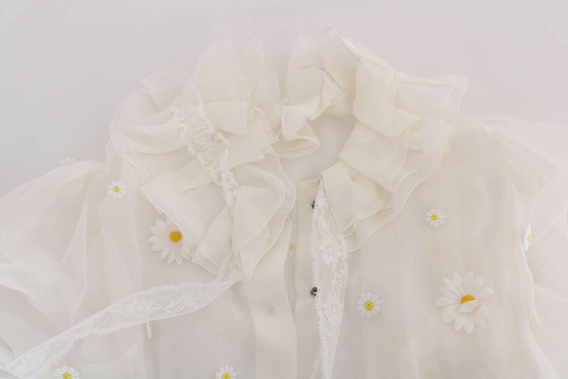 Dolce & Gabbana Elegant White Silk Daisy Blouse