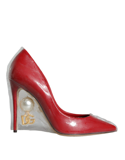 Dolce & Gabbana Red Patent Leather Faux Pearl Heels Pumps Shoes