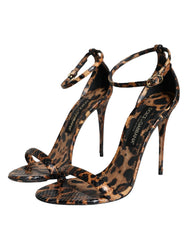 Brown Leopard Leather Ankle Strap Sandals Shoes