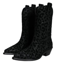 Dolce & Gabbana Black Gray Leopard Cowboy Boots Shoes