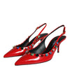 Dolce & Gabbana Red Leather Crystal Heels Slingback Shoes