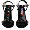 Dolce & Gabbana Black Crystal Leather T-strap Sandals Shoes