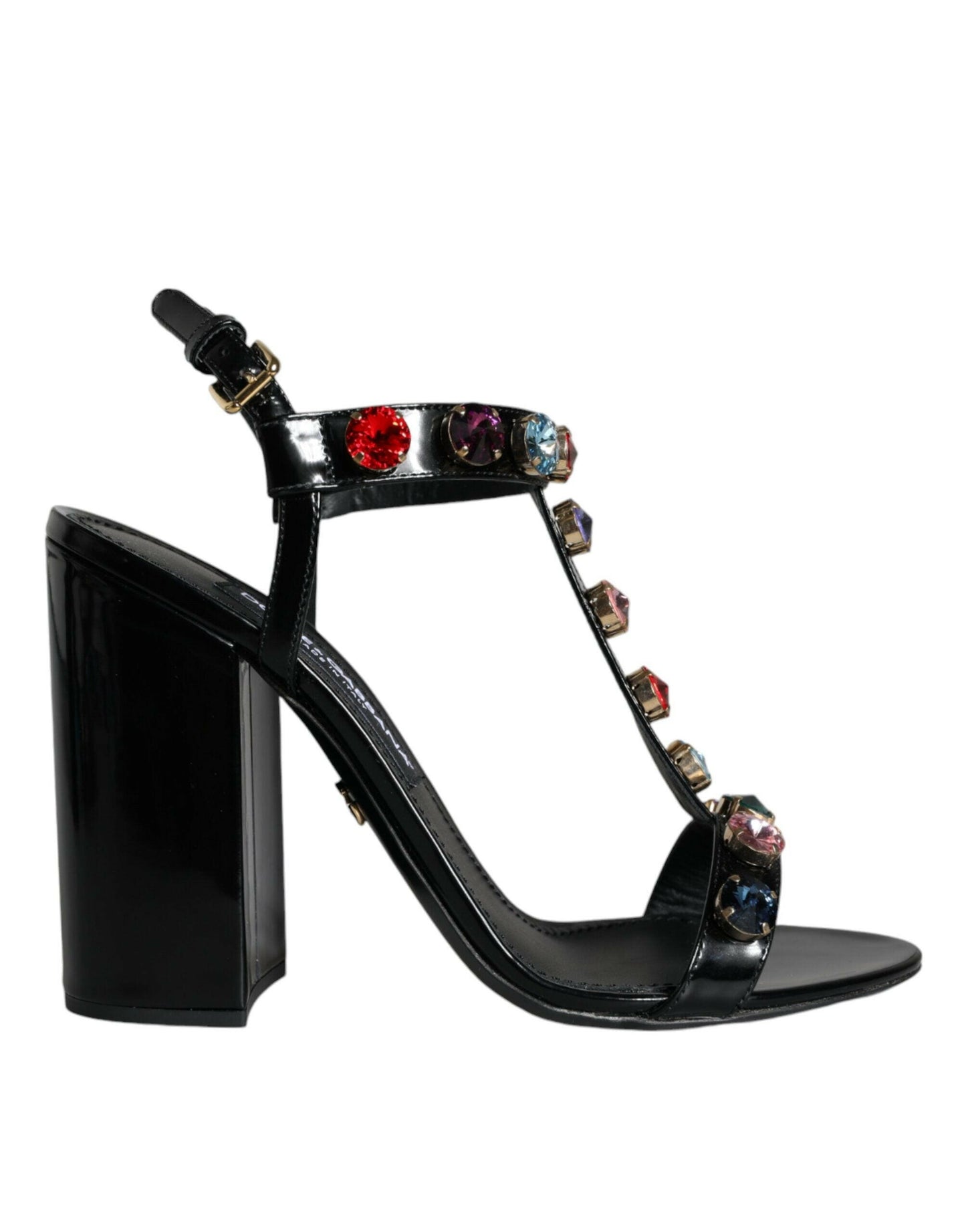 Dolce & Gabbana Black Crystal Leather T-strap Sandals Shoes