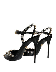 Black Leather Crystal Ankle Strap Sandals Shoes