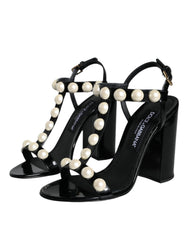 Black Leather Pearls T-strap Sandals Shoes