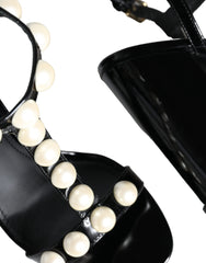 Black Leather Pearls T-strap Sandals Shoes